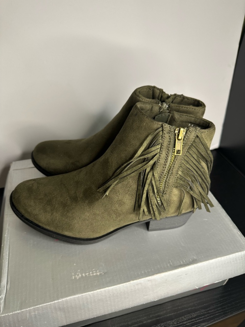 Herstyle Olive Green Suede Fringe Ankle Boots - Picture 4 of 7